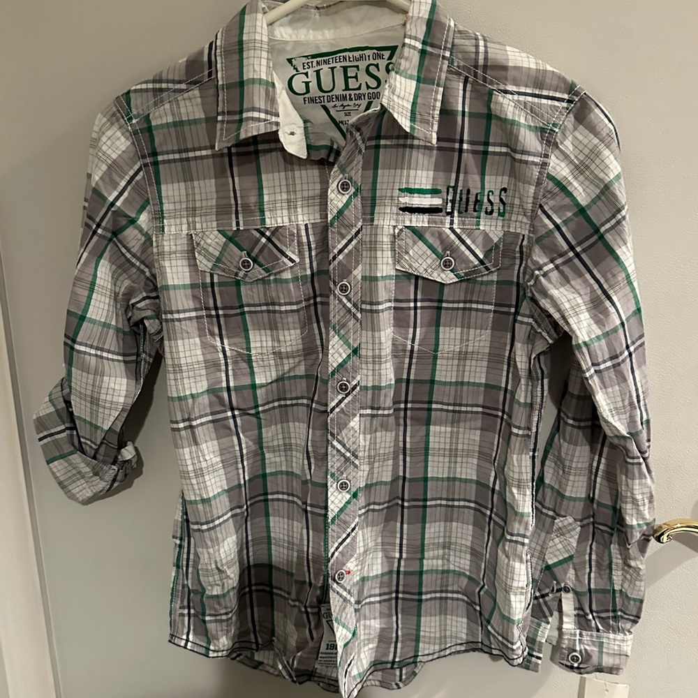 Boys Guess Green and Gray Plaid Shirt. Size Medium